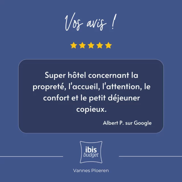 ⭐️⭐️⭐️⭐️⭐️ Merci pour vos retours qui font chaud au cœur ! 💙

Aujourd’hui, on partage avec vous ce superbe avis Google 5 étoiles laissé par l’un de nos clients :

Ce sont ces mots-là qui nous motivent chaque jour à vous offrir un séjour simple, agréable et sans compromis sur le confort 🛏️✨

Merci à tous ceux qui prennent le temps de partager leur expérience 🙏
Et à bientôt à l’Ibis Budget Vannes Ploeren !

www.hotel-budget-vannes.com
#hotelibisbudgetvannes #hotel #vannes #ibisbudget
📍#IbisBudgetVannesPloeren #AvisClient #Merci #5Etoiles #Vannes #HôtelConfortable #SéjourRéussi